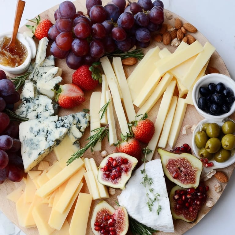Elegant "The Final Curtain" appetizer board overflowing with fresh fruits, artisan cheeses, and glistening honey.