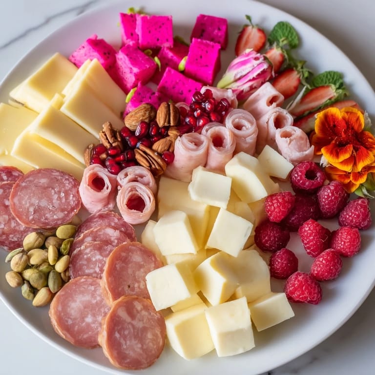 Vibrant Flamingo Paradise Board with pink dragon fruit, cheese, and salami creates eye-catching appetizer display.