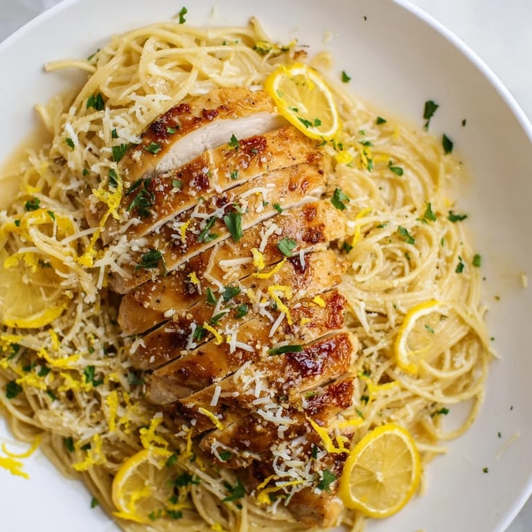 Vibrant plate of Pasta with Lemon Brûlée Chicken, showcasing tender chicken and fresh parsley.
