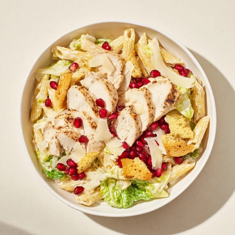 Creamy Chicken Caesar Pasta with pomegranate is brightly colored and bursting with fresh, inviting ingredients.