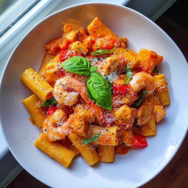 Sizzling One-Pot Diavola Pasta with Shrimp, fragrant with garlic and spices, ready to serve with Parmesan.