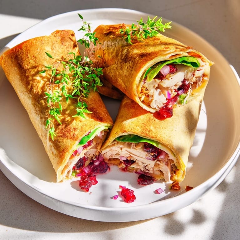 Golden-brown Chicken and Brie Holiday Wrap, sliced open to reveal the creamy brie and savory chicken inside.