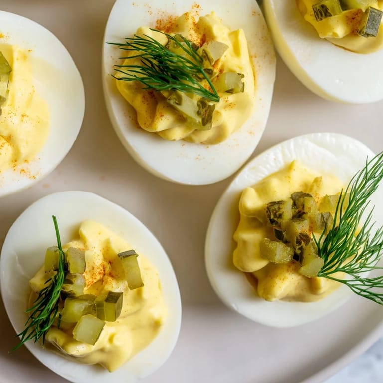 Perfectly creamy Dill Pickle Deviled Eggs: savory, bite-sized American classics ideal for picnics or potlucks.