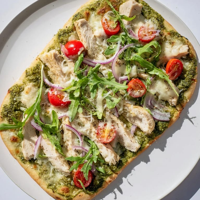 Delicious Italian pesto chicken flatbread, showcasing colorful veggies and golden, bubbly cheese.