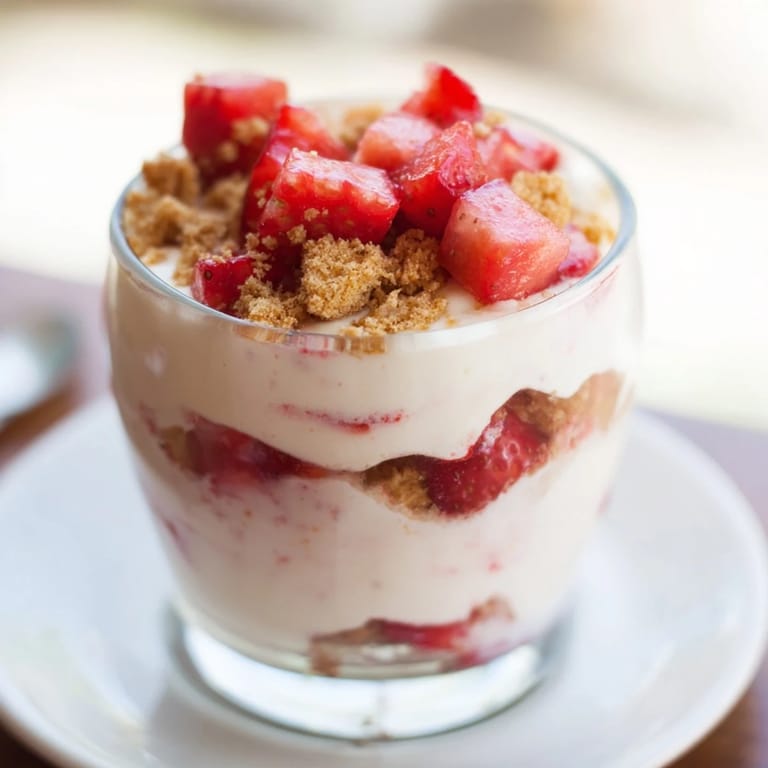 No-bake Strawberry Cheesecake Parfait dessert, showcasing vibrant red berries and crunchy cookie crumble.