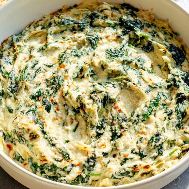 Close up shot of golden brown Cheesy Spinach Artichoke Dip, perfect for an easy appetizer to share.