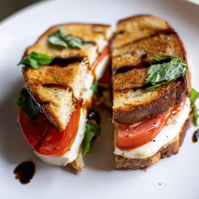 Warm, toasted Caprese Salad Grilled Cheese showcases oozing mozzarella, perfectly grilled for a delicious bite.