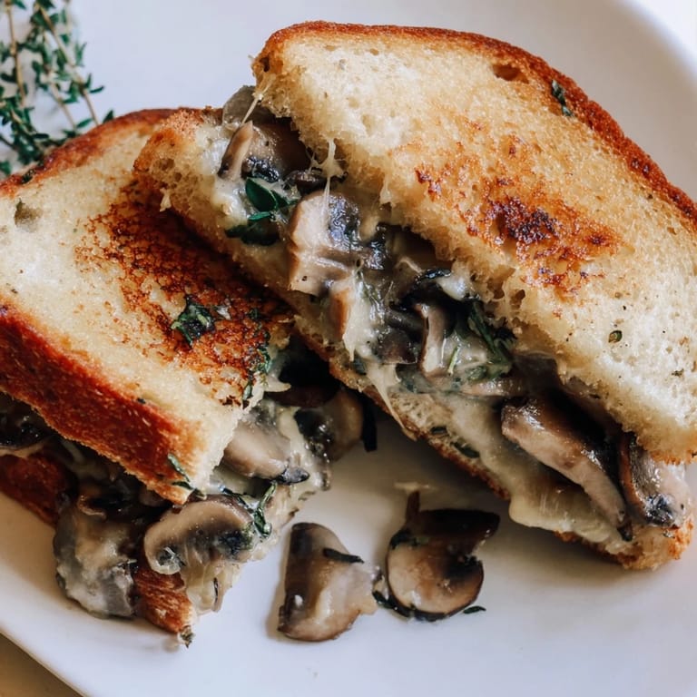 Crispy, golden-brown Creamy Mushroom Grilled Cheese, ready to be cut and served with a comforting warmth.