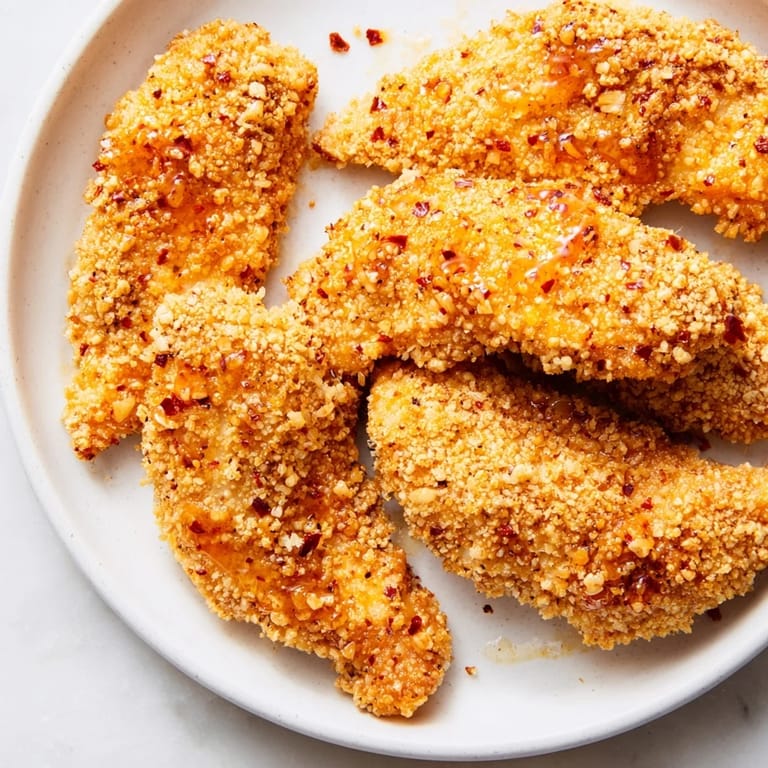 A close-up shot of seasoned crispy panko chicken tenders, served with a side of hot honey sauce.
