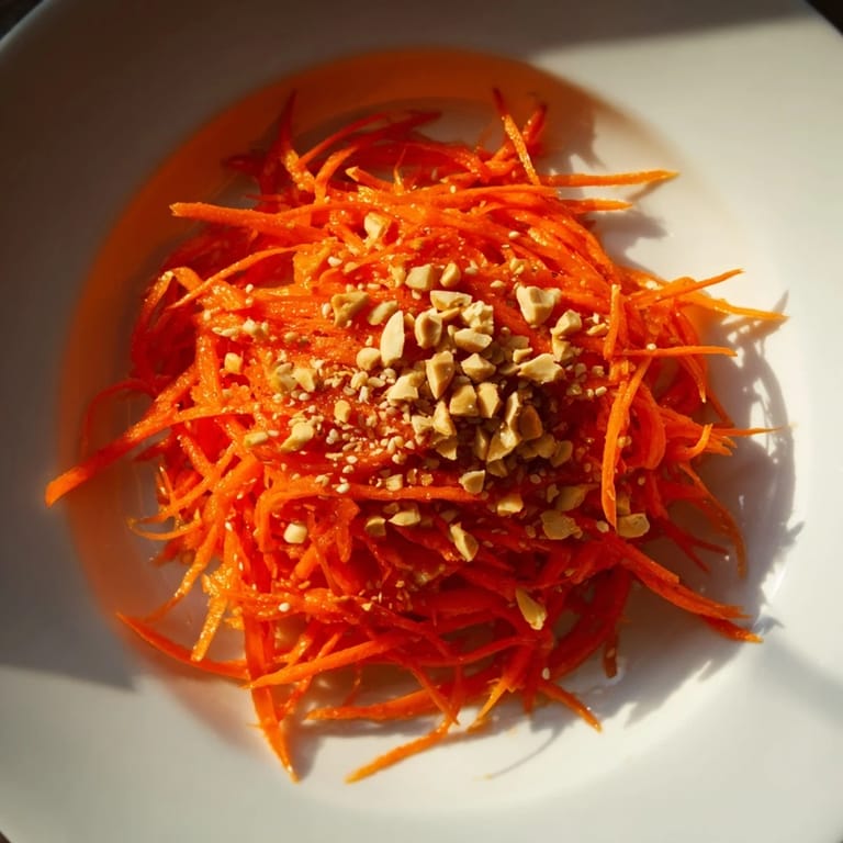 Close-up of a Spicy Carrot Salad, showcasing bright orange carrots and a flavorful Asian dressing.