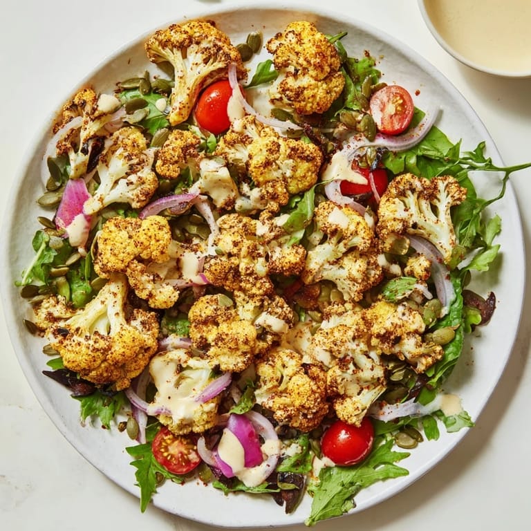 A colorful view of Crispy Cauliflower Salad, perfectly seasoned and tossed with tomatoes and red onion.