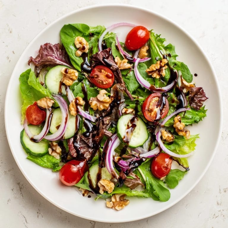 Tasting the delicious, easy Quick Balsamic Vinegar Salad, prepared in minutes for lunch.