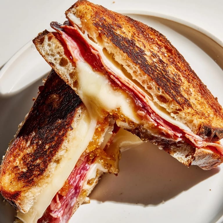 View a close-up of the delicious Charcuterie Grilled Cheese: crispy bread and oozing cheese.