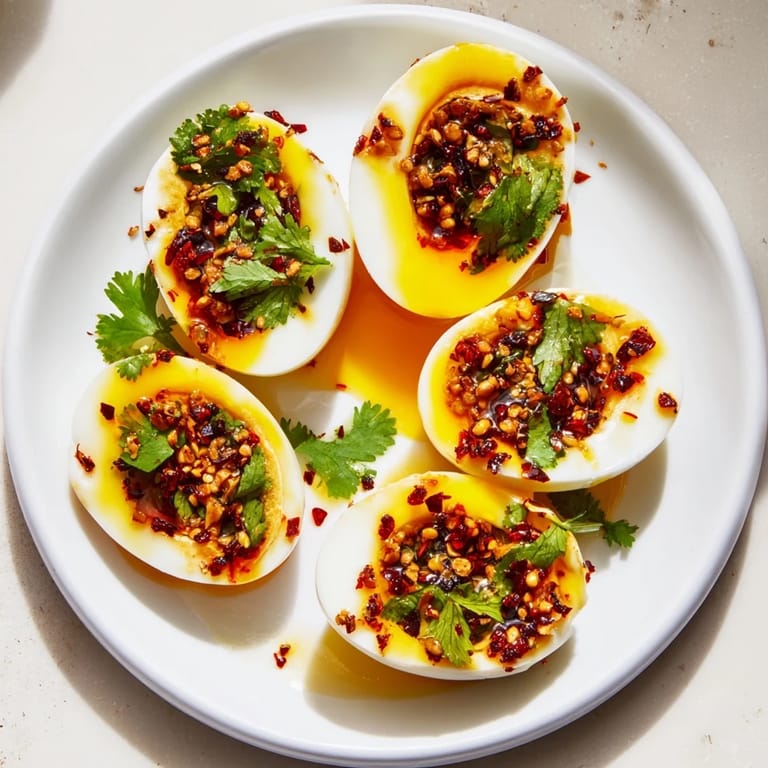 Perfectly poached Chili Oil Eggs, the rich yolks vibrant, drizzled with savory chili oil and sesame seeds.