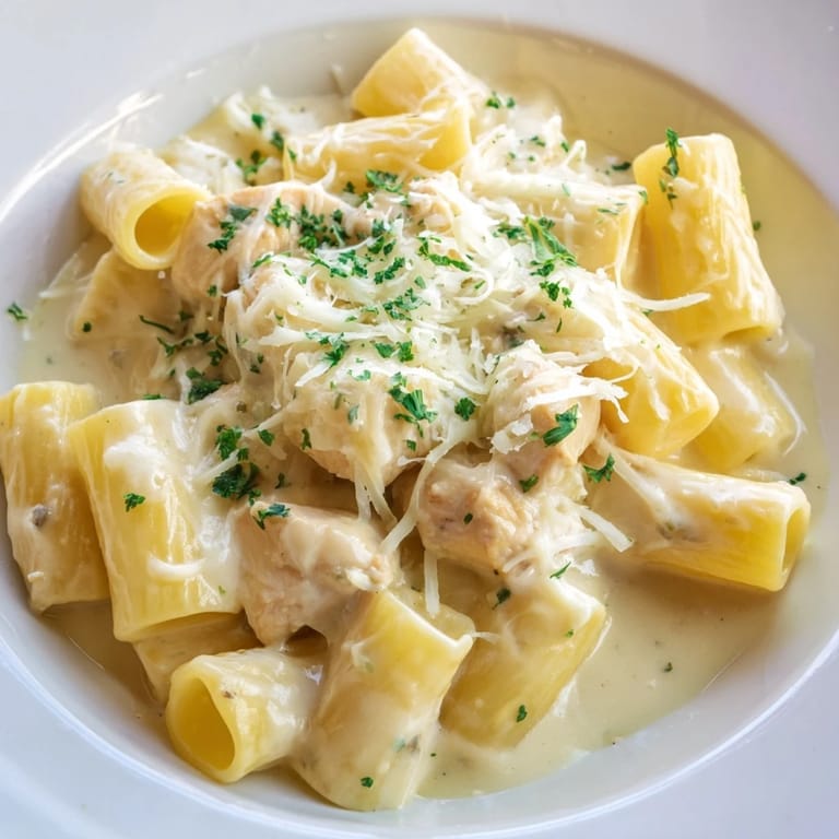 A delicious, steaming Chicken Alfredo Bake with melted cheese and tender chicken visible within.