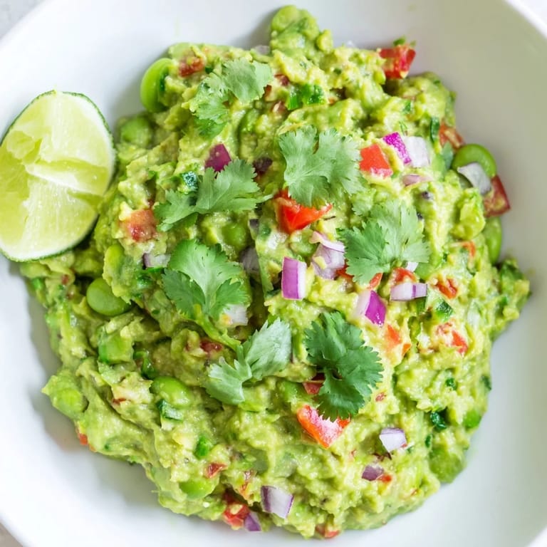 Fresh, vibrant Edamame Guacamole, a healthy appetizer with visible tomato and cilantro garnish.