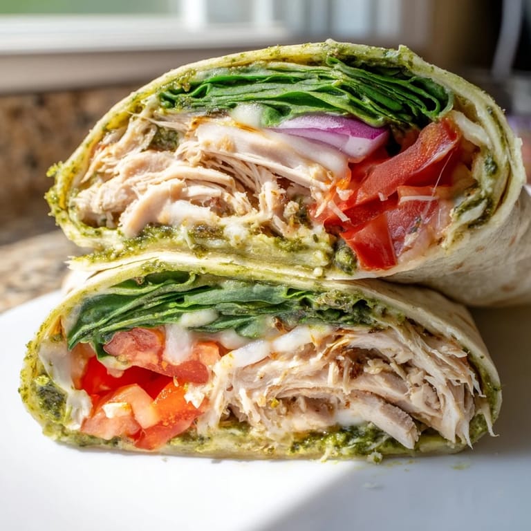 A delicious, loaded pesto chicken wrap, showcasing its savory chicken, pesto, and colorful fillings.