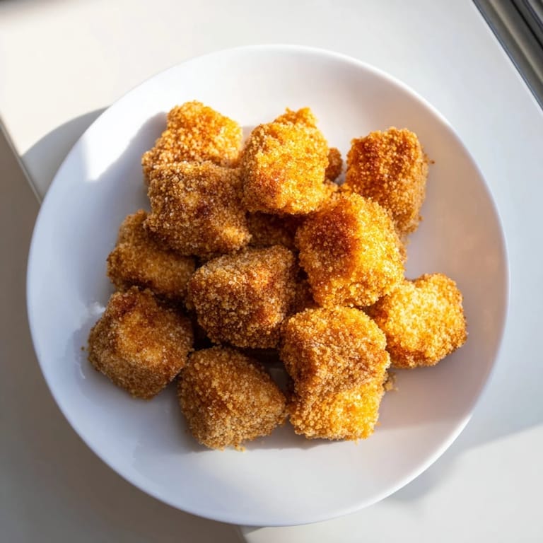 See the crunchy coating on these golden-brown crispy tofu nuggets, ready for dipping on your plate.