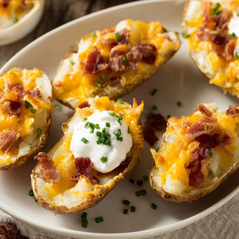 Golden, crispy Loaded Baked Potato Skins fresh from the oven, ready to enjoy as an appetizer.