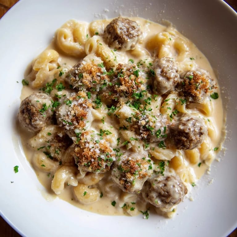 Creamy and cheesy Mac & Cheese Meatball Bake, topped with golden breadcrumbs, ready to serve and enjoy.