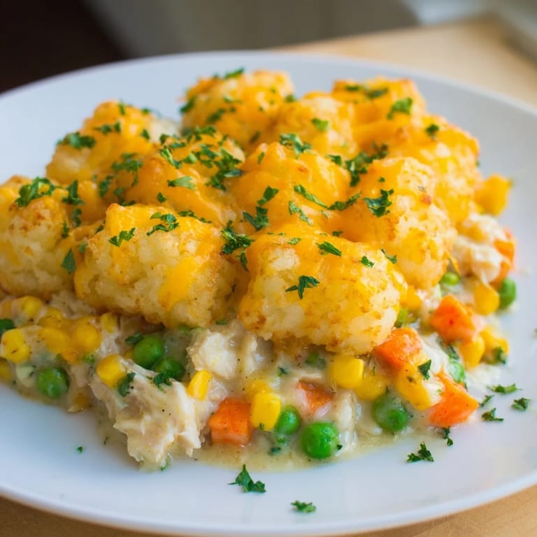 Enjoy a comforting serving of this creamy Crispy Tater Tot Casserole, perfect for a cozy weeknight meal.