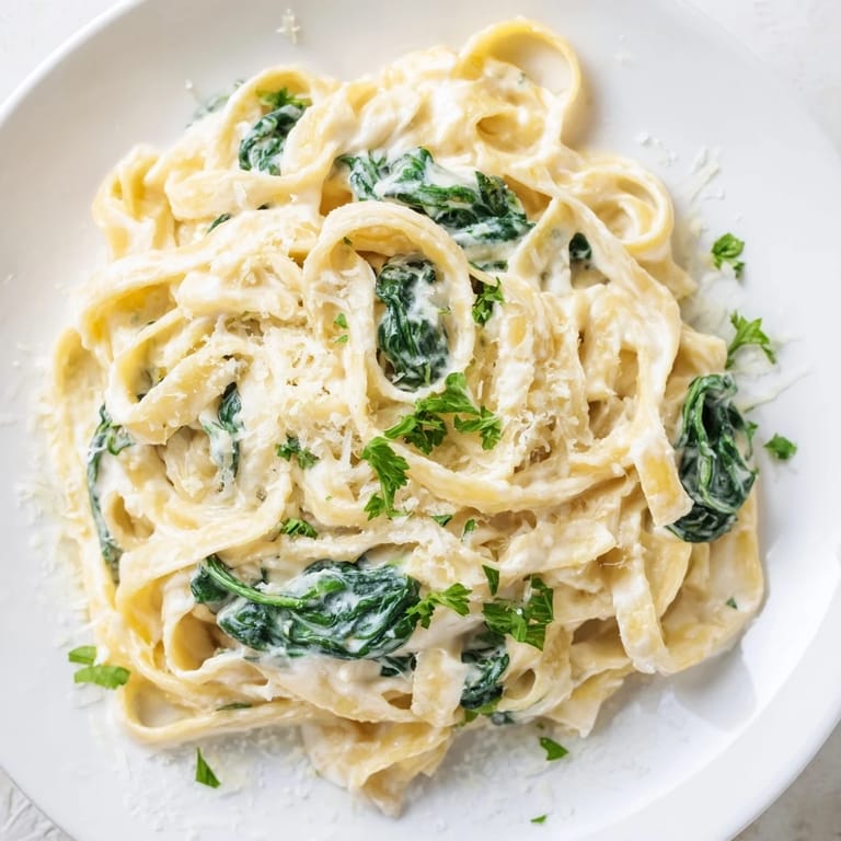 Tender fettuccine coated in rich, creamy Alfredo sauce with fresh spinach, a classic Italian comfort food recipe.