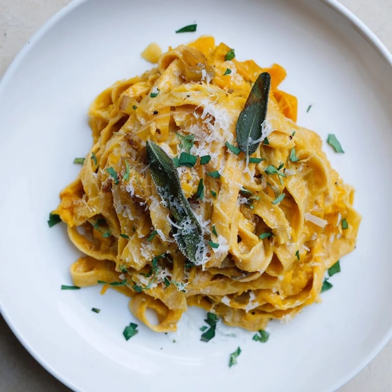 Golden butternut squash pasta with parsley garnish, ready to savor the rich, velvety sauce.