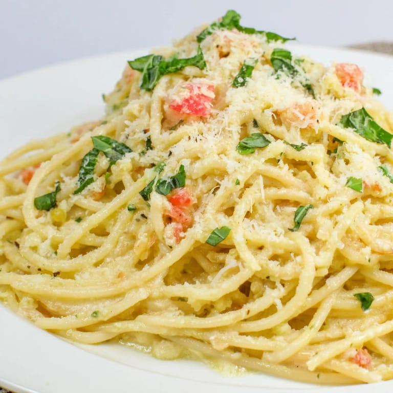 A close-up of a creamy Roasted Garlic Pasta Sauce, invitingly garnished with fresh basil and Parmesan.