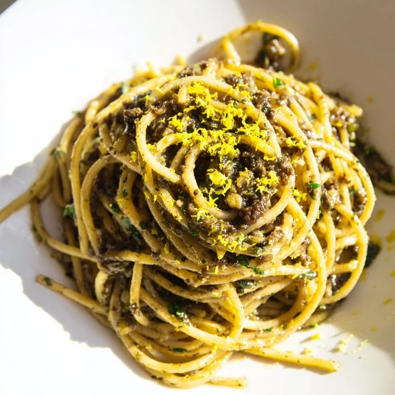 This close-up showcases flavorful olive tapenade pasta, a vegetarian delight with fresh parsley and lemon zest.