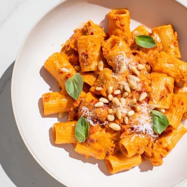 Perfectly cooked penne with rich sun-dried tomato pesto, topped with Parmesan for a quick Italian dinner.