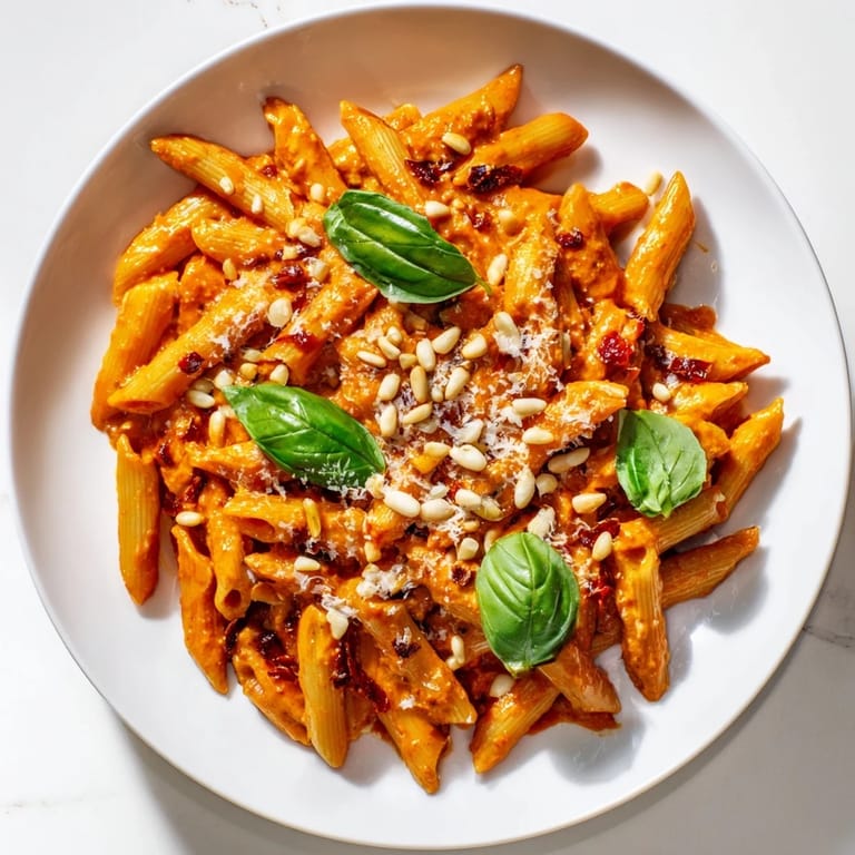 Vibrant plate of sun-dried tomato pesto pasta, tossed and coated in a glossy, flavorful sauce.