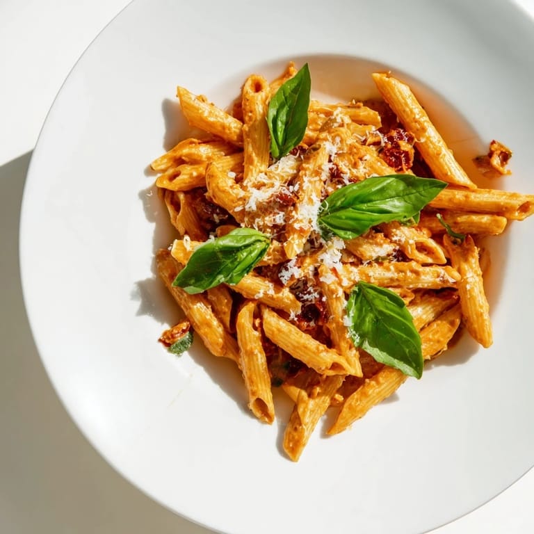 Vibrant sun-dried tomatoes blend into a pesto, tossed with pasta offering a delicious vegetarian dish.