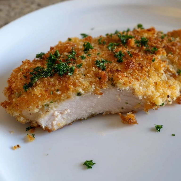 Juicy, oven-baked chicken breasts coated in a garlic butter and Parmesan breadcrumb mixture.