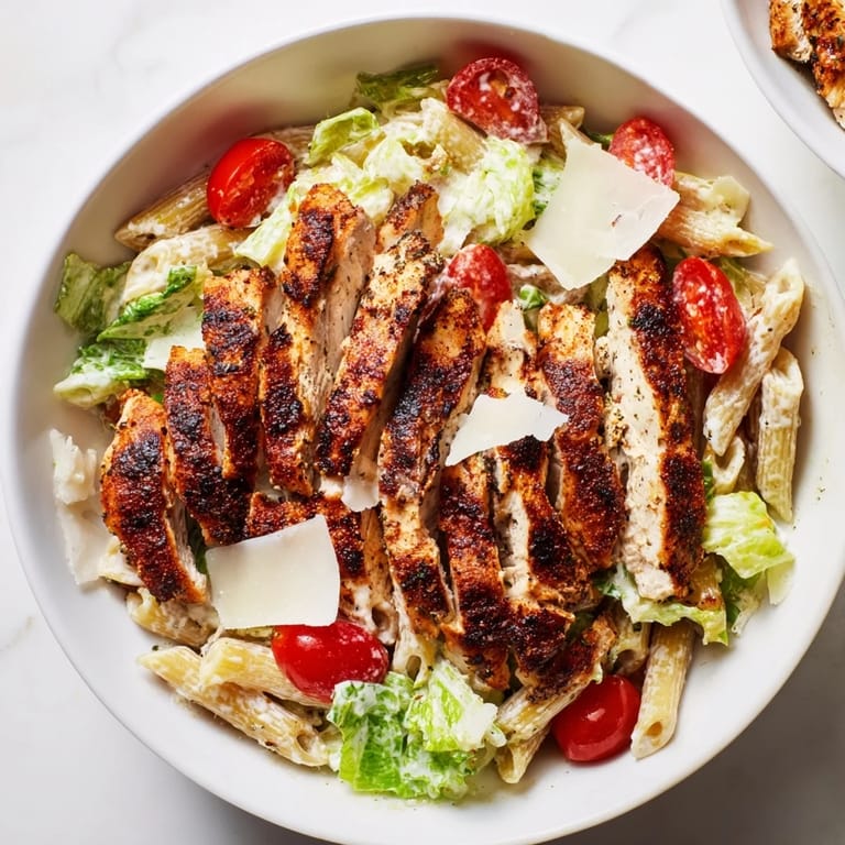 A rustic serving of Spicy Chicken Caesar Pasta topped with shaved Parmesan, crunchy croutons, and fresh parsley garnish.