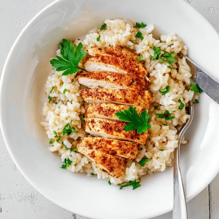 Savory garlic butter rice serves as a base for juicy grilled chicken breast, perfect for a comforting weeknight dinner.