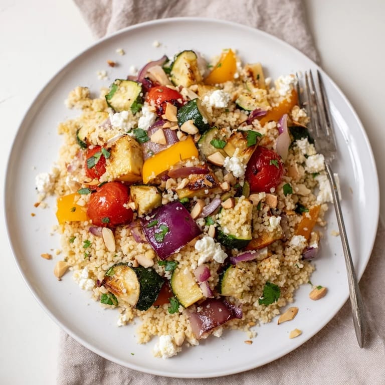 This Mediterranean Roasted Veggie Couscous Salad is a colorful, light main dish or side, featuring tender roasted vegetables and a bright lemon dressing.