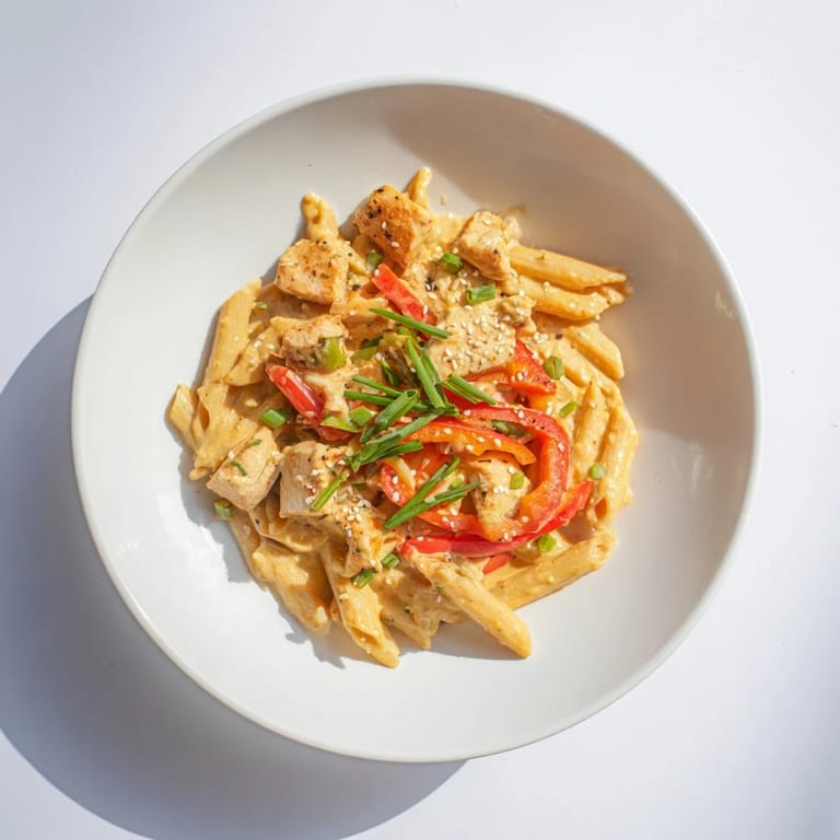 Tossed sweet chili chicken pasta garnished with fresh green onions, cilantro, and sesame seeds, served steaming on a plate.