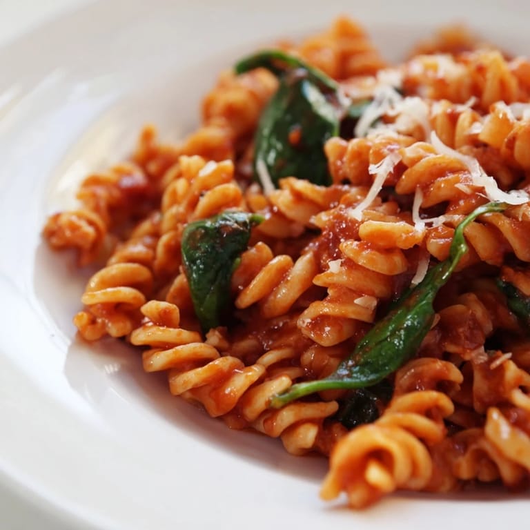 Steaming Tomato Spinach One-Pot Rotini features rotini, juicy diced tomatoes, fresh greens, and a sprinkle of Parmesan cheese, ready to serve.