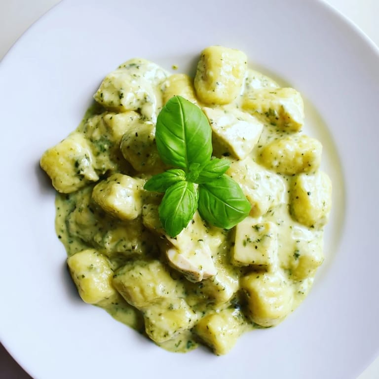 Serve Creamy Pesto Gnocchi with Chicken garnished with fresh basil and grated Parmesan alongside a glass of chilled Pinot Grigio.