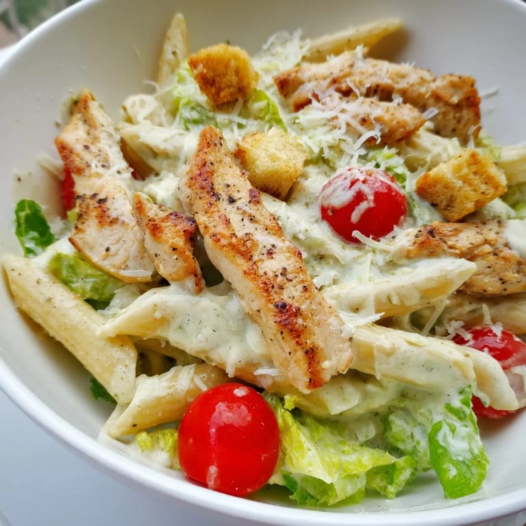 Healthy Caesar Pasta Chicken Bowl with cherry tomatoes and romaine, ready to enjoy warm or chilled for a quick meal.