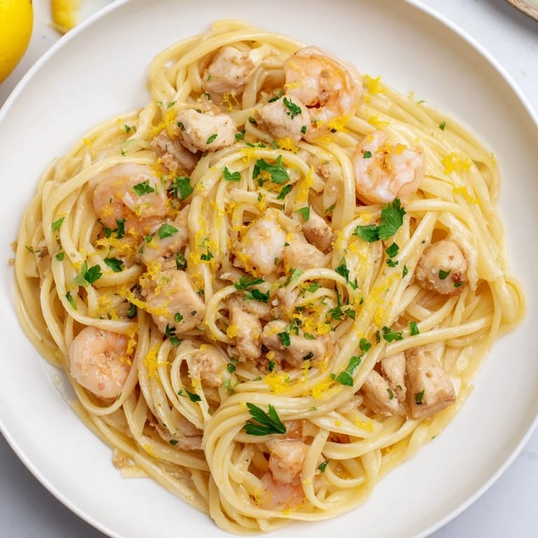 A skillet of sizzling Lemon Garlic Shrimp & Chicken Pasta ready to serve, garnished with lemon wedges.