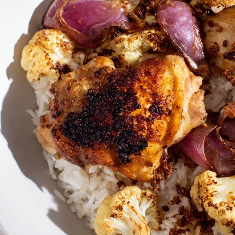 Roasted Cauliflower Chicken Sheet Pan meal with tender vegetables and juicy chicken, garnished with fresh parsley on a bed of aromatic rice.