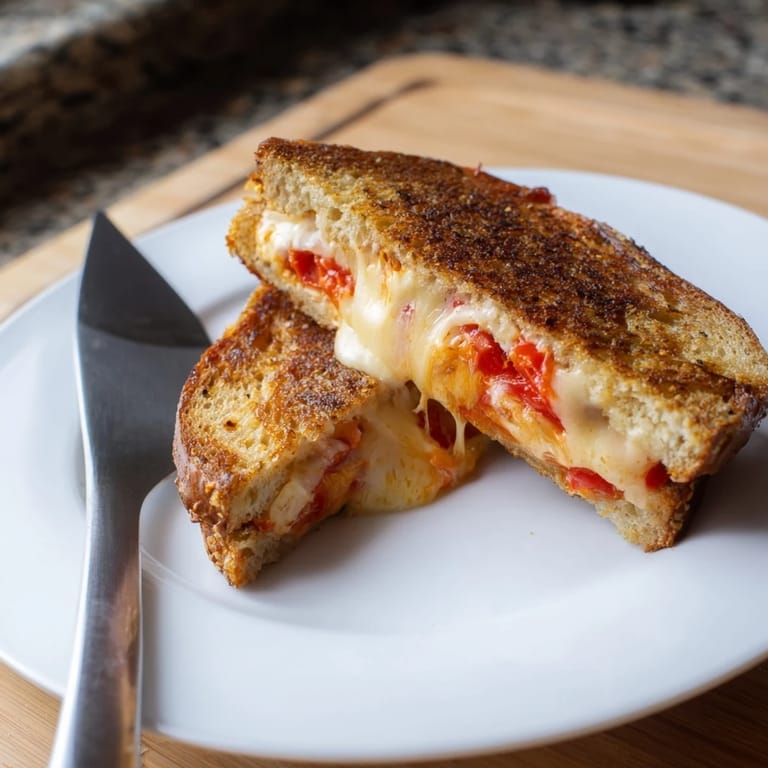 Two halves of a Pepper Jack & Tomato Grilled Cheese stacked on a plate, with fresh tomato slices and a drizzle of buttery glaze.