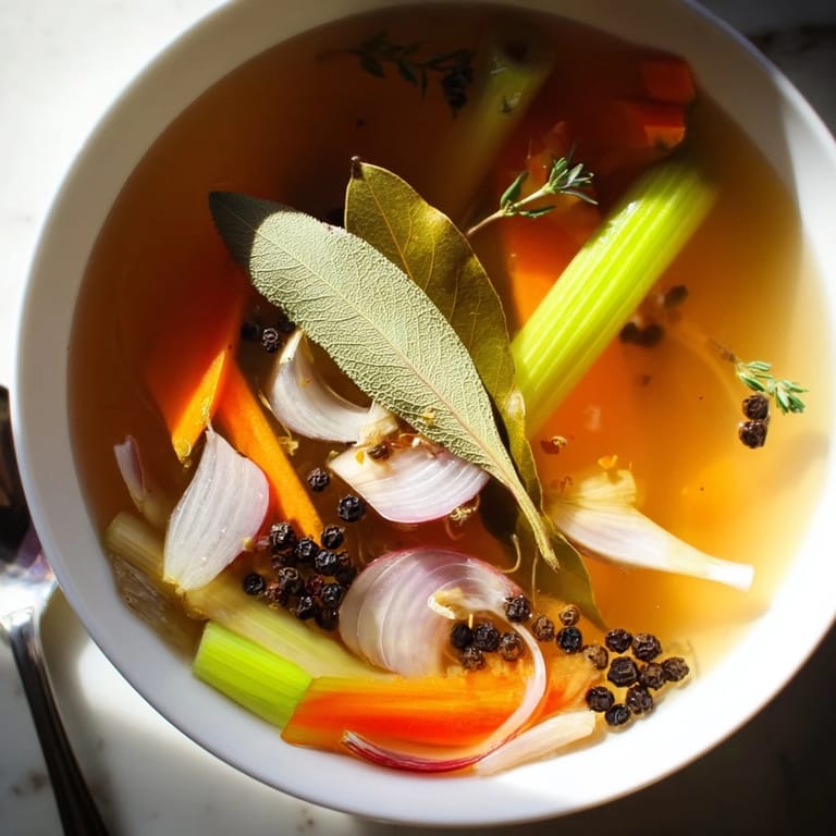 This zero-waste Vegetable Broth From Scraps is strained into a clear glass jar, perfect for freezing or sipping warm.