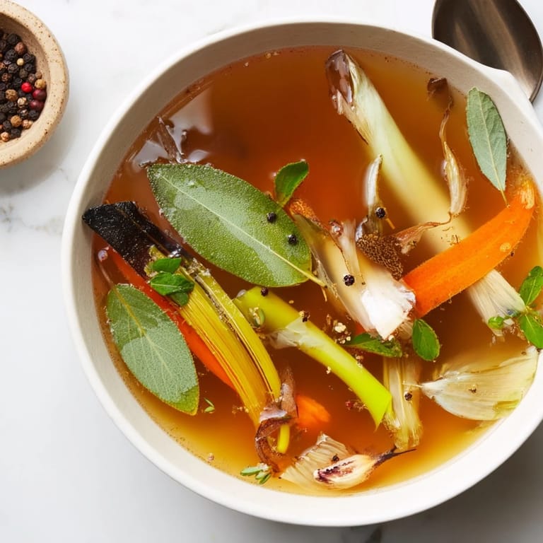 Homemade Vegetable Broth From Scraps in a rustic bowl garnished with fresh thyme, ready for a nourishing soup base.