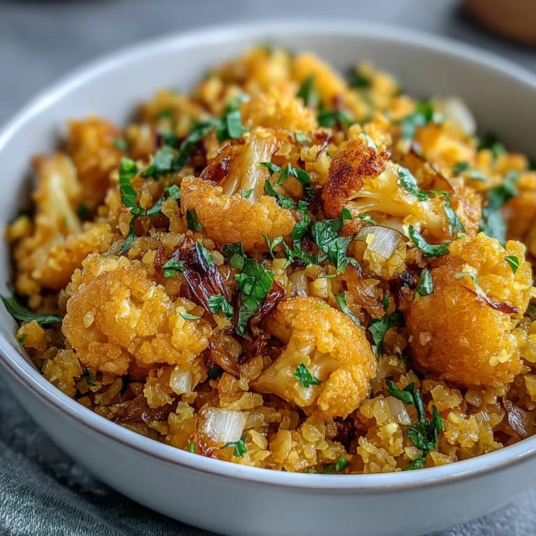 Healthy and vibrant turmeric cauliflower rice, excellent served with your favorite curries.