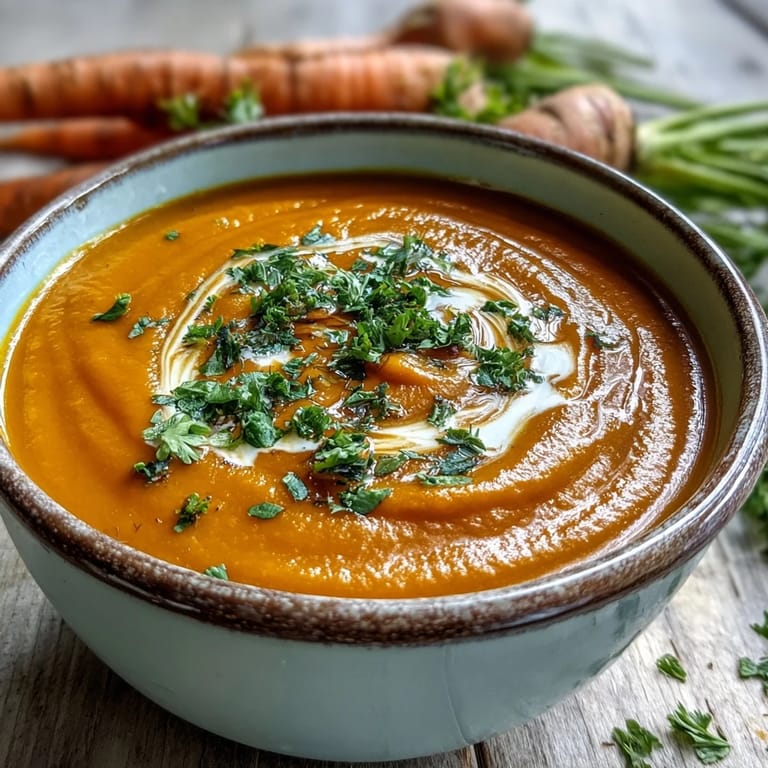 Easy Carrot Ginger Soup, garnished with green herbs and creamy swirl.