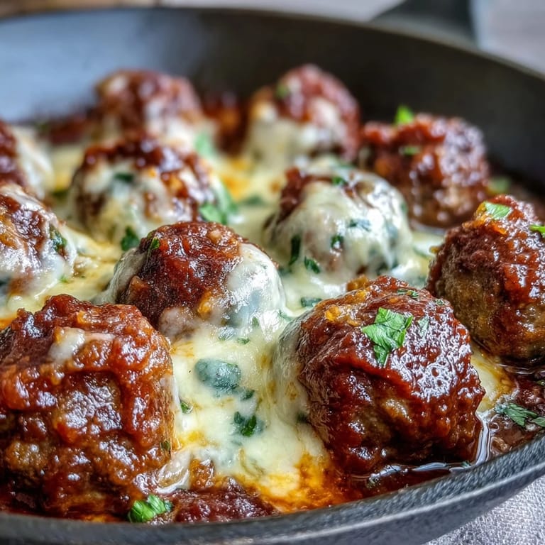 Cheesy, Garlicky Meatballs with Marinara bubbling in a skillet, ready to be served with crusty bread.