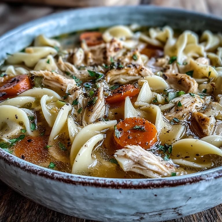 Homemade Instant Pot Chicken Noodle Soup served with crusty bread for a cozy weeknight dinner.