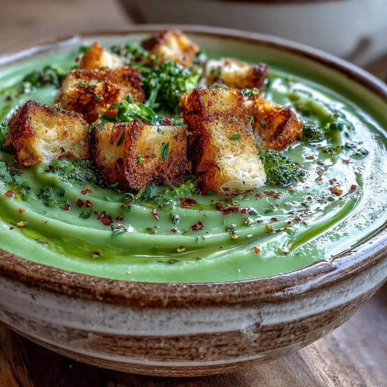 A serving of Cauliflower and Broccoli Soup with rustic croutons and fresh thyme on a cozy table.